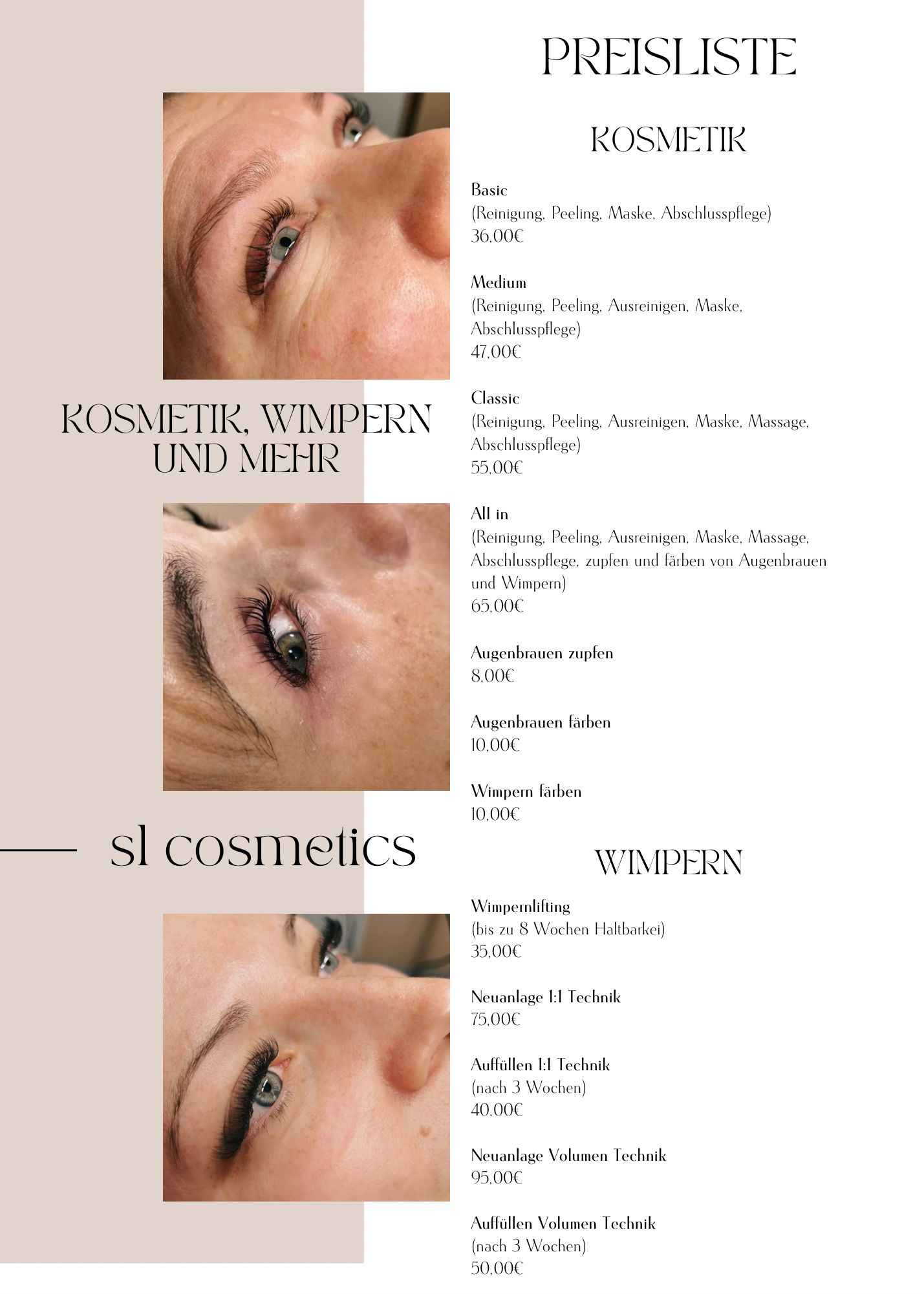 Vorher-Nachher Aufnahme eines Lashliftings bei SL Cosmetics